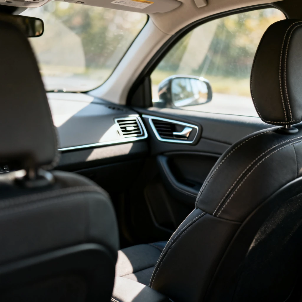 Kadr wnętrza Volvo C30, ukazujący przednie fotele oraz fragment deski rozdzielczej z charakterystyczną, cienką konsolą środkową i stylowymi nawiewami. Oparcia foteli są dobrze widoczne, brak osób na zdjęciu. Światło wpada przez szybę, podkreślając jakość materiałów wykończeniowych i detali, takich jak przeszycia na fotelach. Tło jest rozmyte, skupiając uwagę na kabinie.