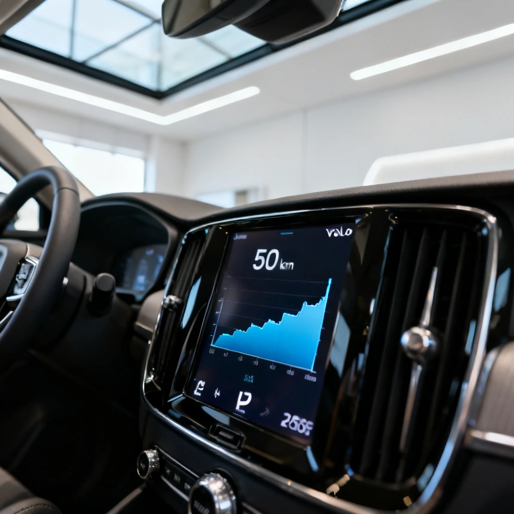 Widok na deskę rozdzielczą Volvo XC40 z wyświetlonym na ekranie dotykowym wykresem średniego zużycia paliwa na ostatnich 50 km. W tle widoczna część kierownicy, panoramiczny dach i nowoczesne, minimalistyczne wnętrze. Oświetlenie ambient LED w kolorze białym. Brak ludzi, napisów ani infografik.