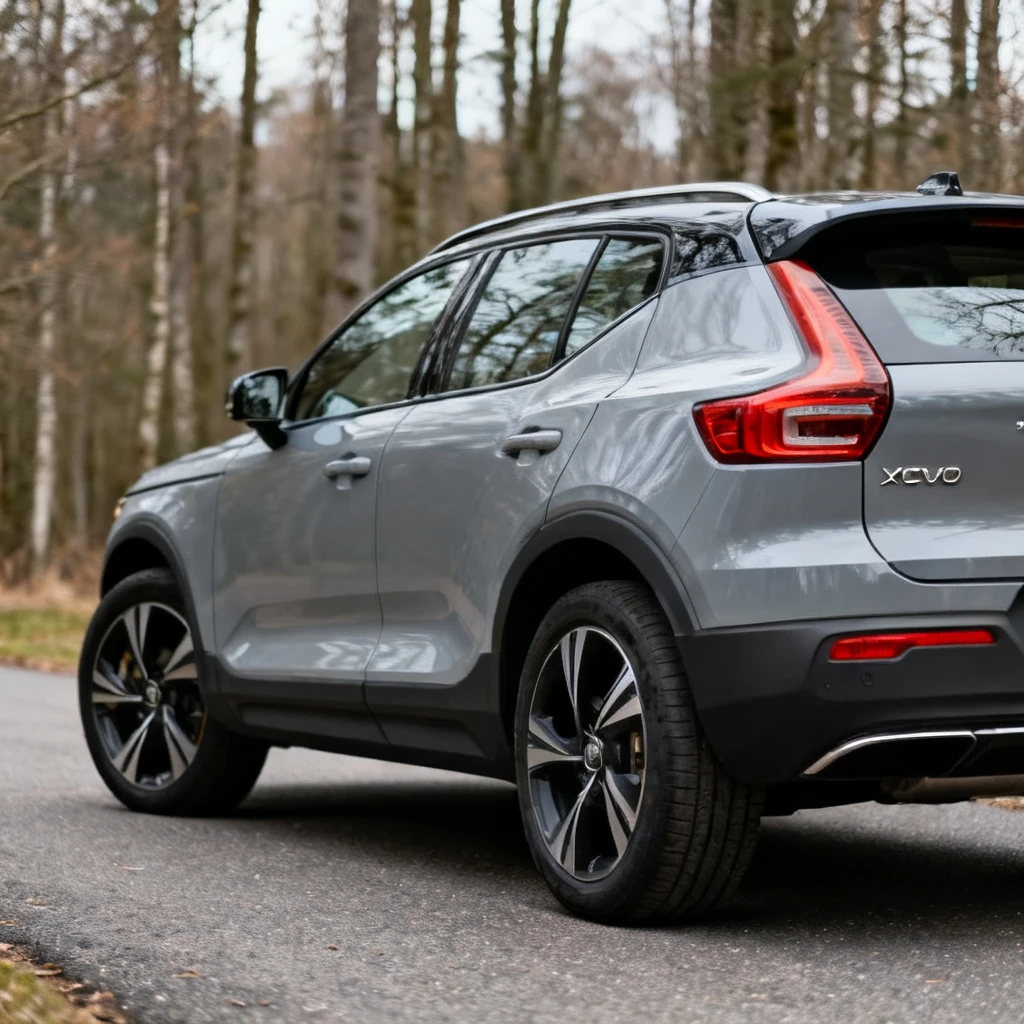 Profil boczny Volvo XC40 w wersji Recharge z widocznym oznaczeniem modelu na tylnym słupku. Samochód stoi na asfaltowym podjeździe, w tle las liściasty. Ujęcie z perspektywy pieszej, podkreślające proporcje nadwozia. Brak ludzi, napisów ani infografik.