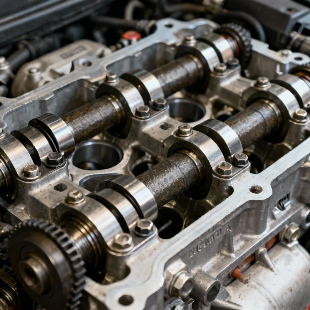 Układ ACT w silniku VW 1.4 TSI EA211 - zbliżenie na wałki rozrządu i elementy sterujące zaworami cylindrów, kadr techniczny bez elementów ludzkich