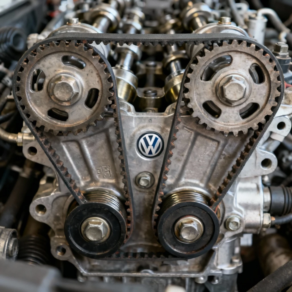 Komponenty układu rozrządu w silniku VW 1.4 TSI EA211 - widok techniczny paska i rolek napędowych bez elementów ludzkich