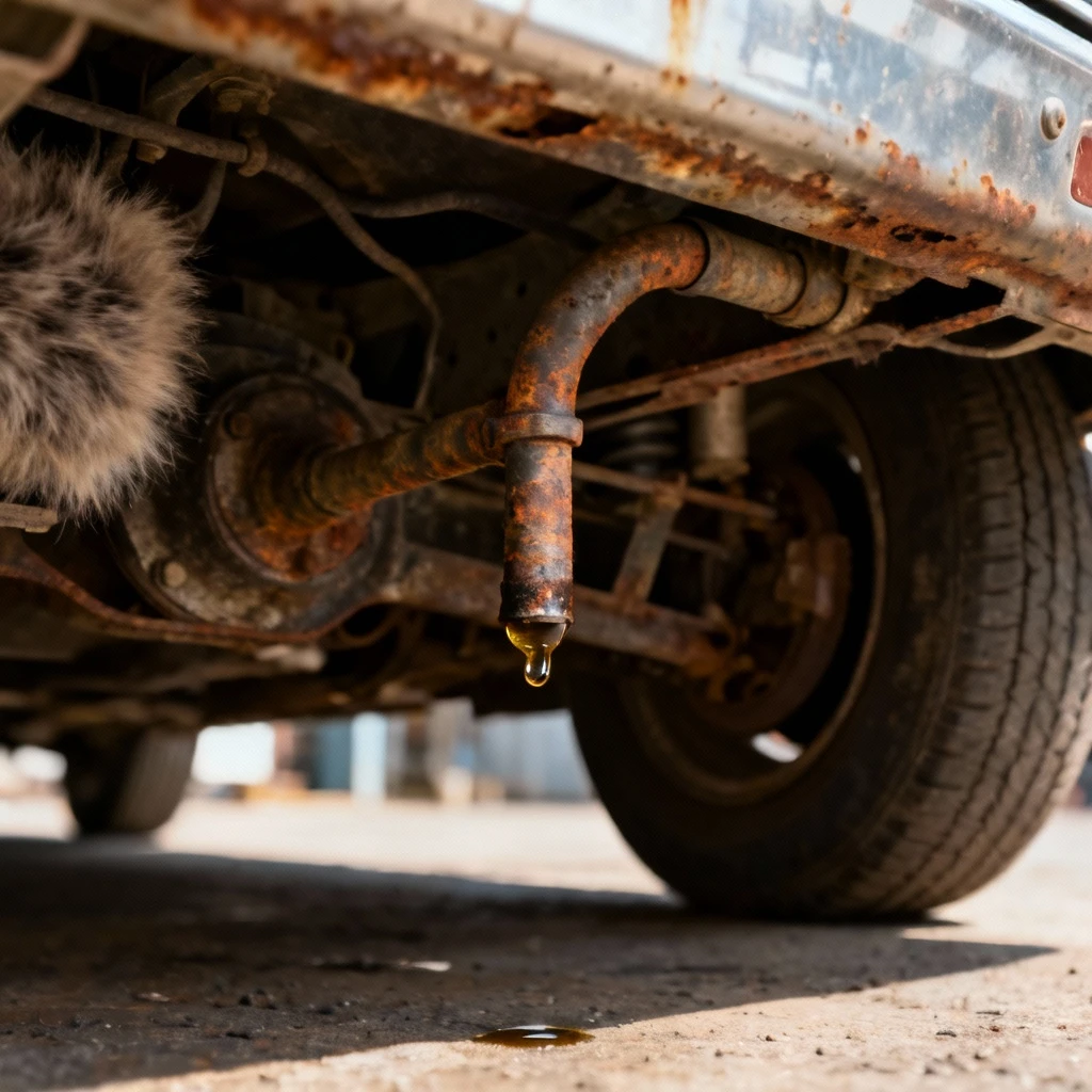 Widok spod pojazdu pokazujący skorodowany przewód hamulcowy z widoczną kroplą płynu, oświetlenie punktowe, rozmyte elementy podwozia i kół w tle