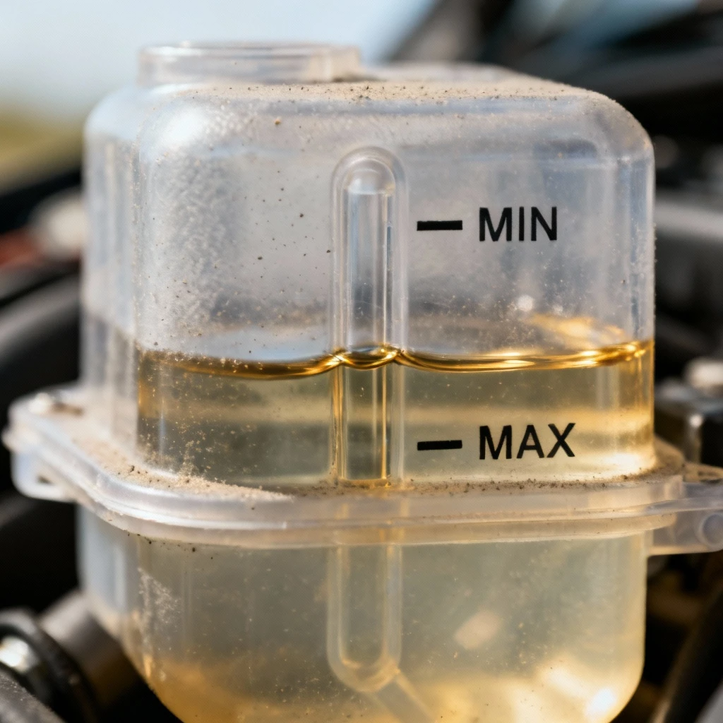Zbliżenie zbiorniczka płynu hamulcowego z widocznym płynem między kreskami MIN i MAX, przejrzysty plastik, ogniskowanie na poziom cieczy