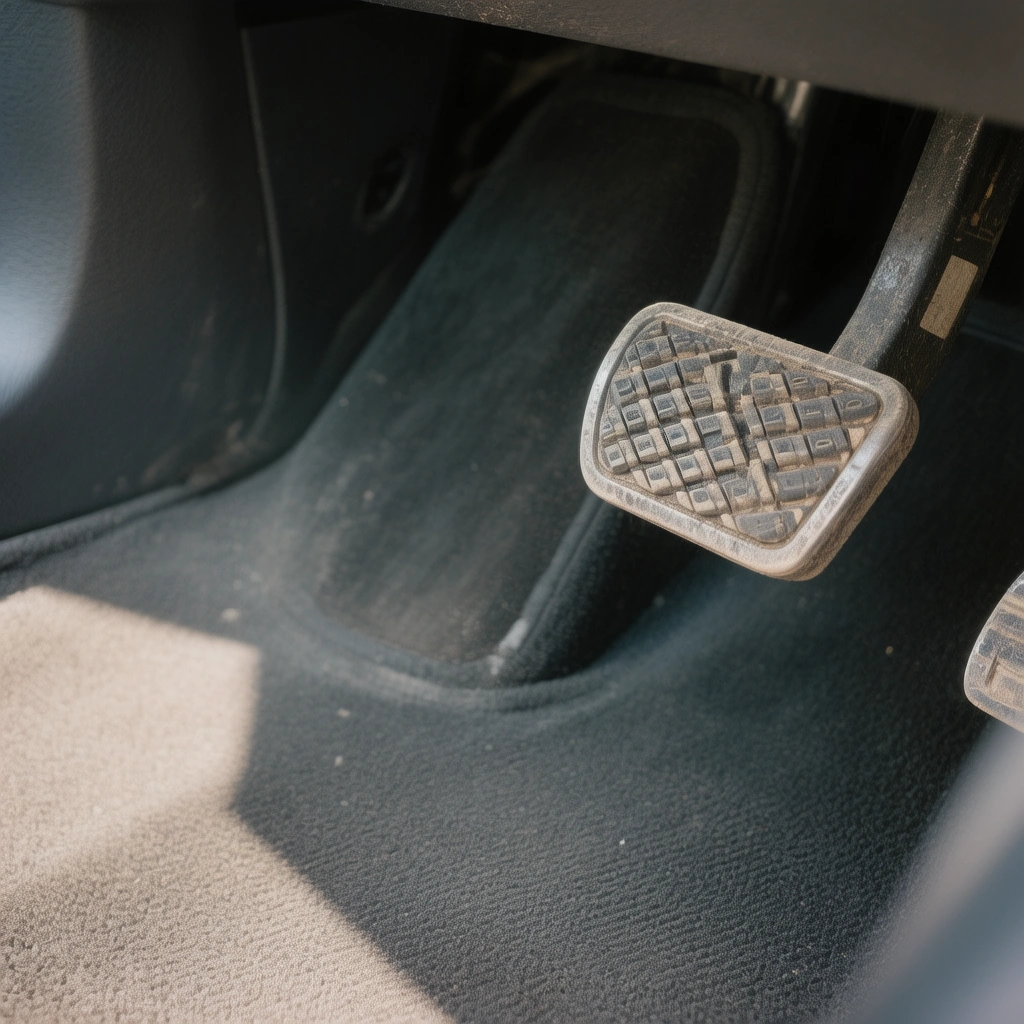 Pedał sprzęgła wciśnięty do oporu w kabinie samochodowej, widoczne są tylko dolne elementy pedałów, oświetlenie dzienne, minimalistyczna kompozycja