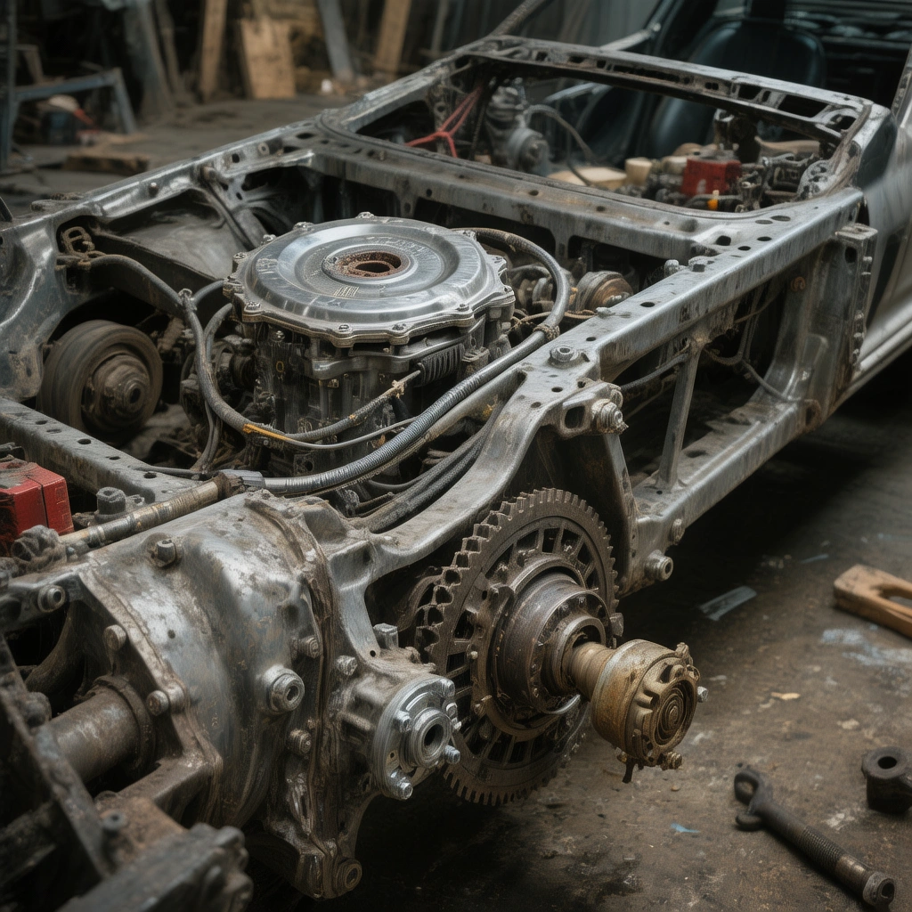 Fragment podwozia samochodu z widocznym przebiegiem linki sprzęgła od skrzyni biegów w kierunku kabiny, wyraźna metalowa osłona, oświetlenie punktowe