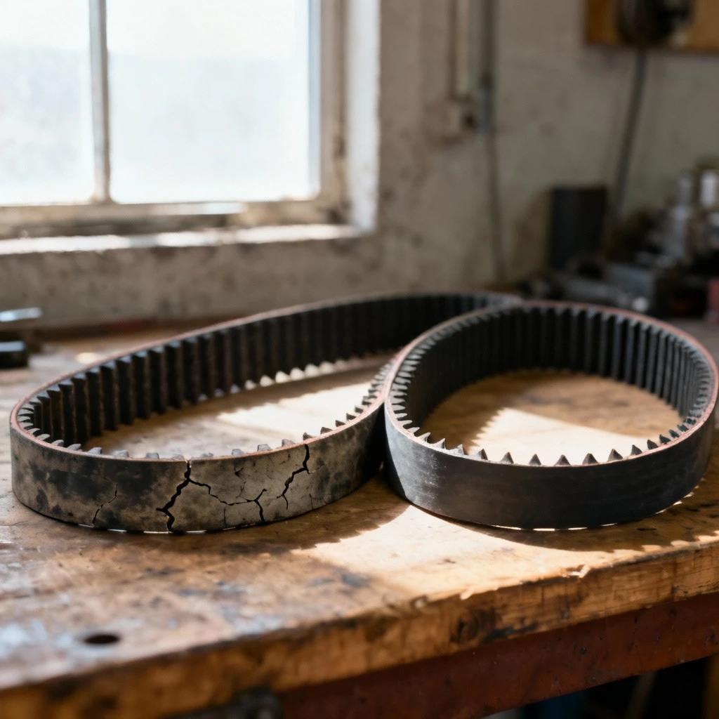 Porównanie zużytego (spękany, wygładzone zęby) i fabrycznie nowego paska rozrządu diesla leżących obok siebie na warsztatowym stole, widoczne różnice w strukturze, ostrość na detalach degradacji, jasne naturalne oświetlenie