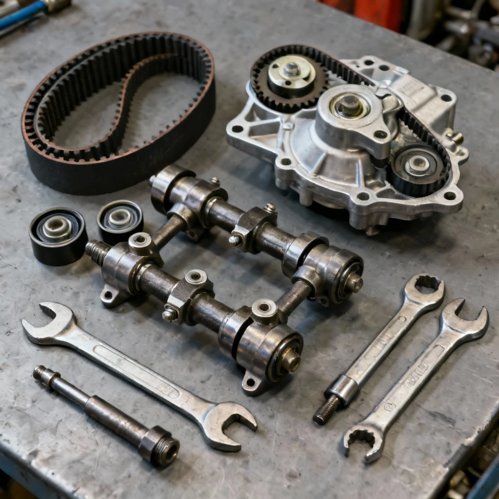 Komplet nowych części rozrządu diesla na warsztatowym stole: pasek rozrządu, pompę wody, napinacz hydrauliczny, dwie rolki prowadzące, leżą obok kluczy i blokad wałów, kadr z góry, ostre odwzorowanie detali i tekstur części