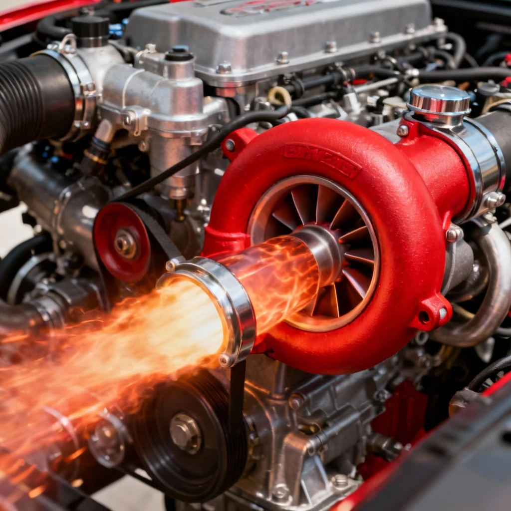 konstrukcja silnika spalinowego z podświetloną na czerwono turbosprężarką, wizualizacja przepływu gorących spalin przez łopatki turbiny, detaliczny widok techniczny w jasnych barwach