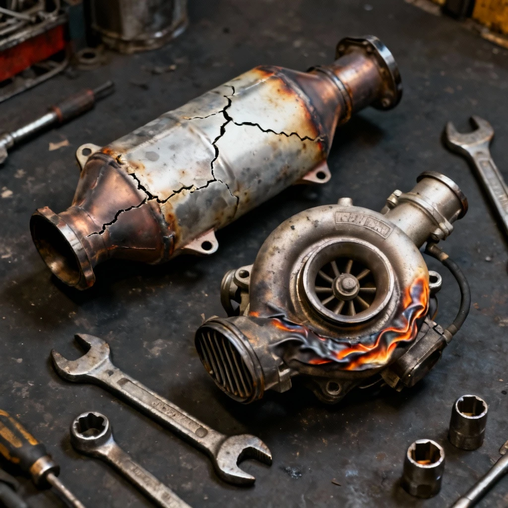 zestaw technicznych części napędowych potrzebnych do naprawy po przegrzaniu: zniszczony katalizator, turbosprężarka z deformacjami cieplnymi, narzędzia warsztatowe, widok z góry na ciemnym tle z szerokim kątem