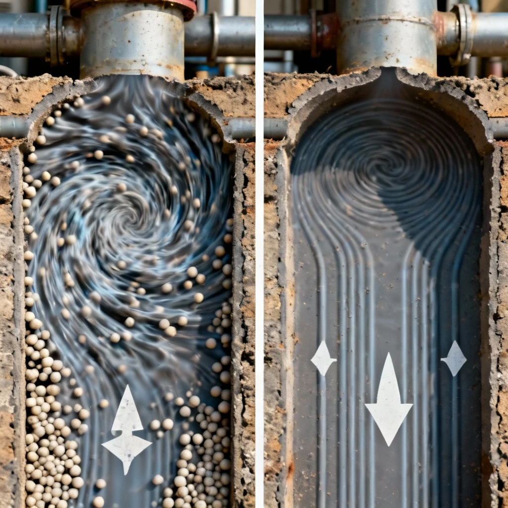 porównanie przepływu gazów w układzie z aktywną i nieaktywną recyrkulacją, widok przekrojowy bez napisów