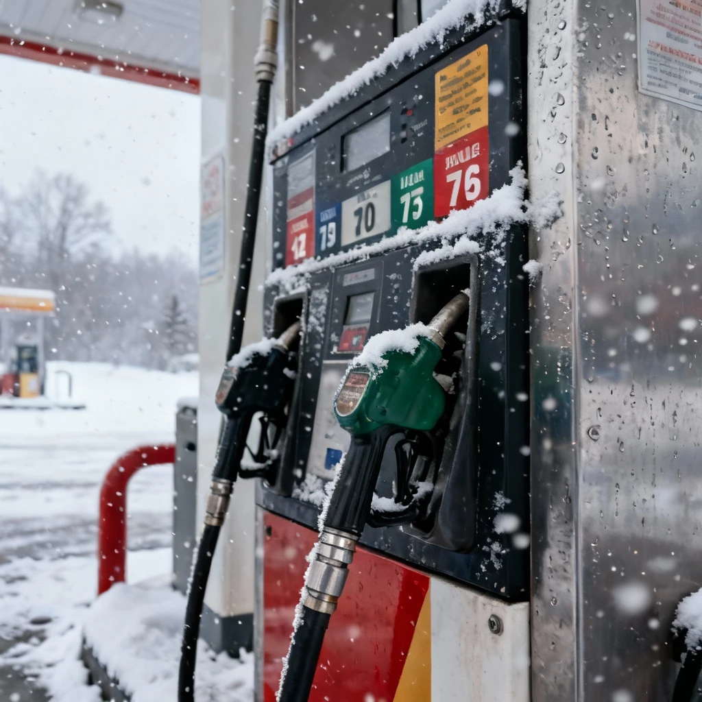 Dystrybutor paliwowy na stacji benzynowej w zimowej scenerii, z wyraźnie widocznymi oznaczeniami rodzajów paliw
