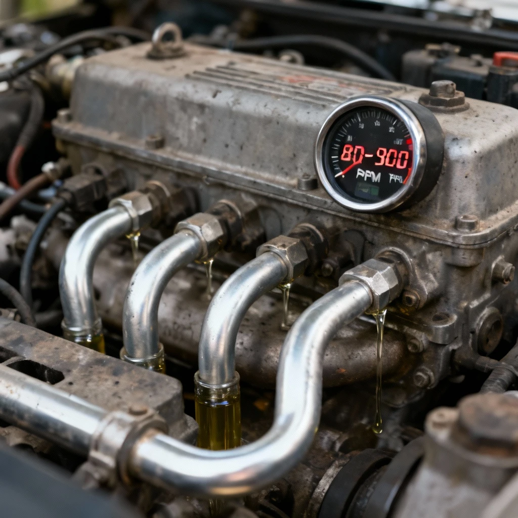 Silnik pracujący na wolnych obrotach po dodaniu płukanki. Żadnych ludzi ani narzędzi. Widoczne obrotomierz z wartością 800-900 RPM. Przewody olejowe w kolorze srebrnym wychodzące z bloku silnika.