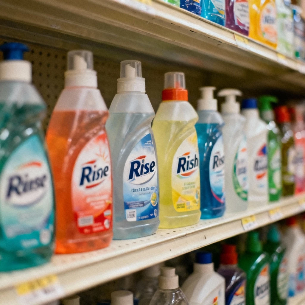 Zestaw płukanek różnych producentów na półce sklepowej. Butelki w różnokolorowych opakowaniach bez czytelnych napisów. Widok z przodu, ostre pierwszy dwa rzędy.