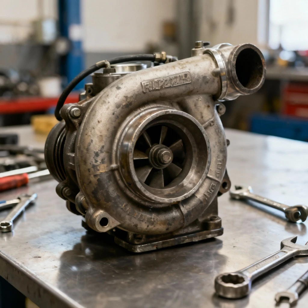 Regenerowanie starej turbosprężarki samochodowej w warsztacie, kadr na czyste stanowisko robocze z narzędziami, bez ludzi i napisów, styl realistyczny